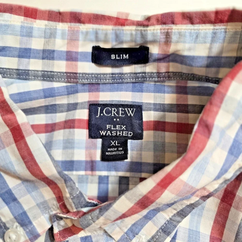 J Crew Shirt Mens XL Red Blue Plaid Button Down Slim‎ Flex Washed Casual Preppy